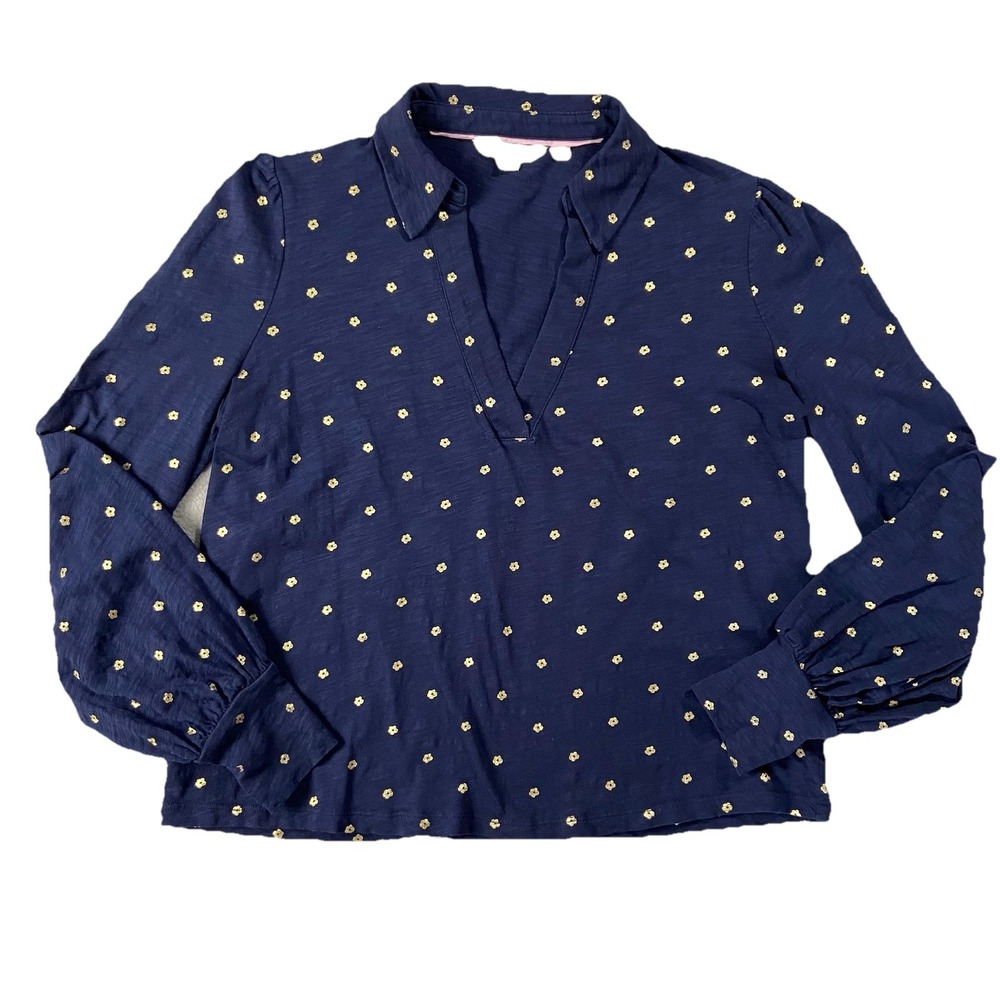 Boden Long Sleeve V-neck Gold Flower Print Collared Tee Women's 6 Quiet Luxury